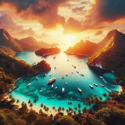 Boats dot the turquoise waters of a tropical bay at sunset