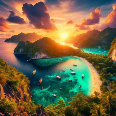 A scenic view of a tropical island at sunset
