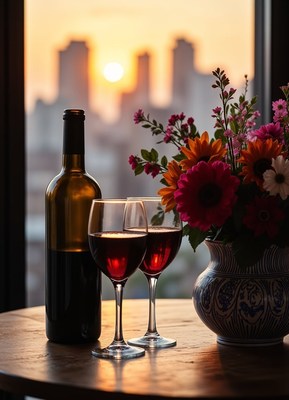 Two glasses of wine with a sunset view