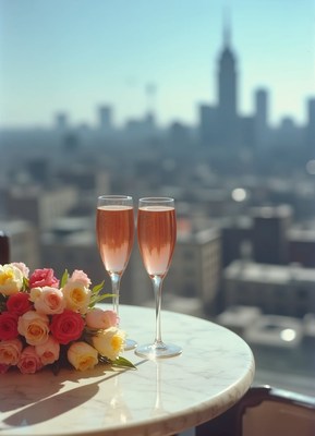 Two glasses of champagne sit on a round, white table