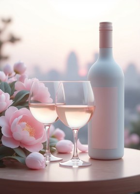 Two glasses of rose wine on a table with a bottle