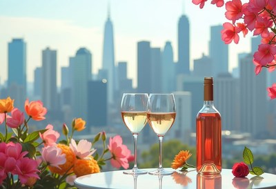 Two wine glasses by a bottle, city view