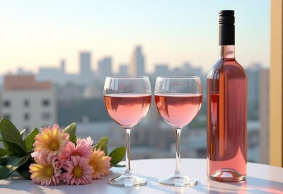 Two glasses of rosé wine on a balcony overlooking the city