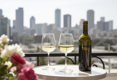 Two glasses of wine on a balcony overlooking the city