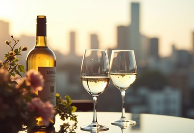 Two glasses of white wine on a rooftop at sunset