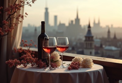 Two glasses of wine on a table with a city view