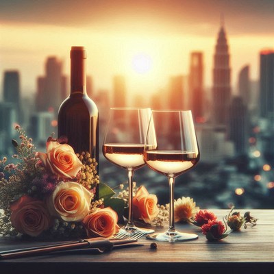 Two wine glasses and a bottle on a sunset table