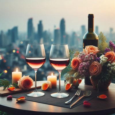 Two wine glasses on a table by the city skyline