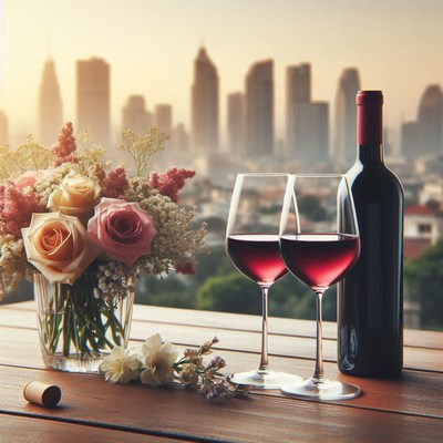 Two glasses of red wine on a city rooftop at sunset