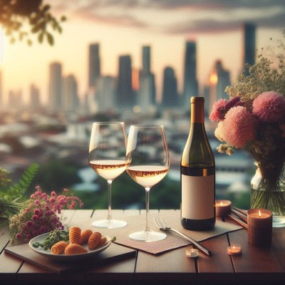 Two wine glasses and a bottle with city skyline
