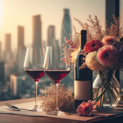 Two wine glasses and a bottle on a table with flowers