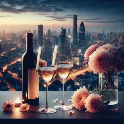 Two wine glasses on a table with a city view