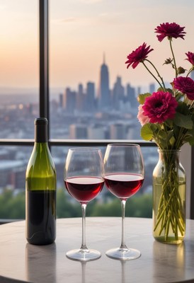 Two glasses of red wine on a table with a city view