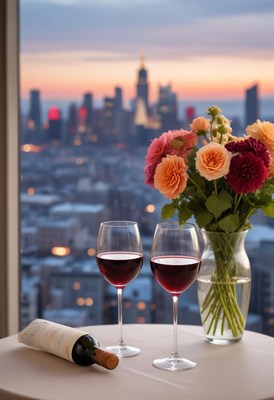 Two glasses of red wine on a table overlooking the city