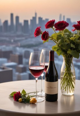 Rooftop sunset with red wine and roses