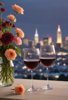 Two glasses of red wine on a table with a city view