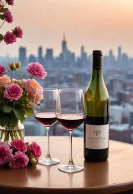 Two glasses of red wine on a table with a cityscape view