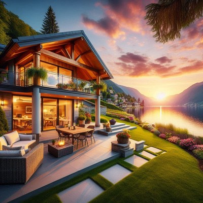 A modern house with a patio overlooking a lake at sunset