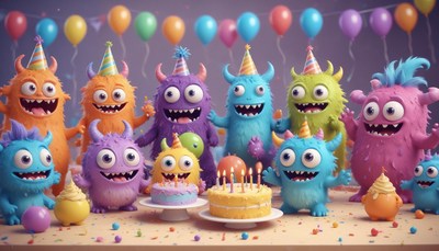 Happy monsters celebrate a birthday with cake and balloons