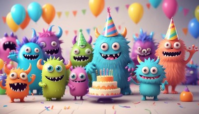 Happy monsters celebrate with cake and balloons