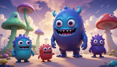 Friendly monsters gather near giant mushrooms