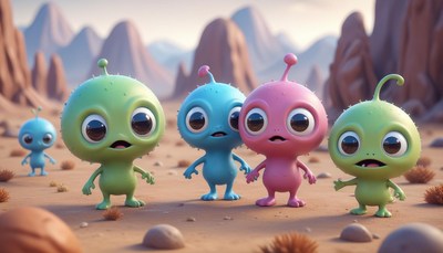 Four colorful aliens explore a rocky, desert landscape