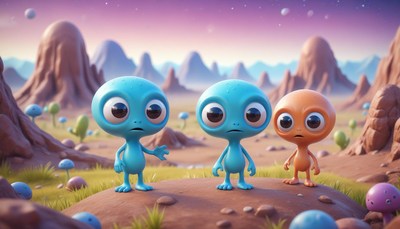 Three aliens stand on a rocky planet