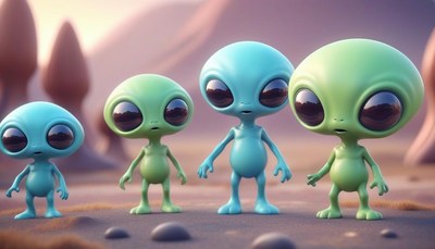 Four aliens stand on a planet with large, smooth rocks