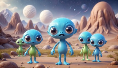 Five aliens stand on an alien planet