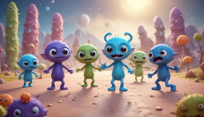 Colorful aliens explore a strange planet