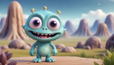 A blue monster smiles for the camera in a strange landscape