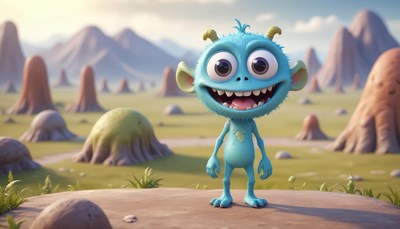 A blue monster smiles on a rock in a strange landscape