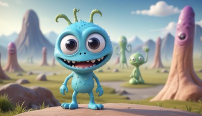 A blue alien smiles in a green alien world