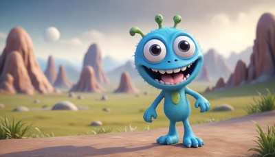 A blue alien smiles on a rocky planet