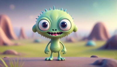 A green, spiky creature smiles on a rock in a field