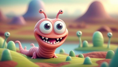 A pink alien smiles on an alien planet