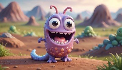 A happy purple monster smiles in a field of green grass