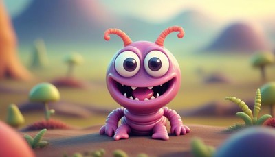 A pink creature smiles in a fantasy landscape