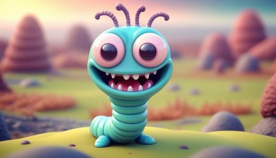 A cheerful worm with big eyes smiles in a cartoon landscape
