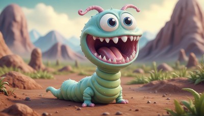 A cartoon worm smiles in a desert landscape