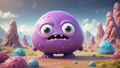 A purple monster stands in a field of colorful creatures
