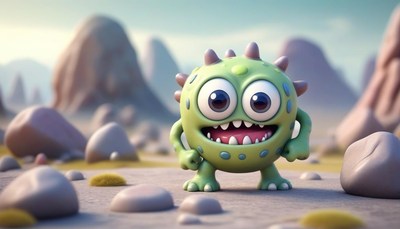 A green monster smiles while standing on a rocky path