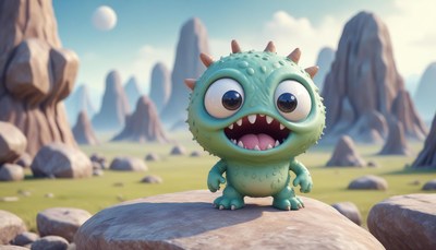 A happy monster stands on a rock in a rocky landscape