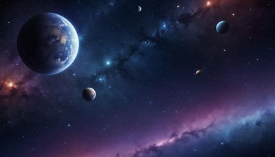 A blue planet orbits in a vast expanse of space