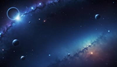 A starry night sky with planets and a galaxy