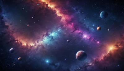 A vibrant nebula with multiple planets and stars