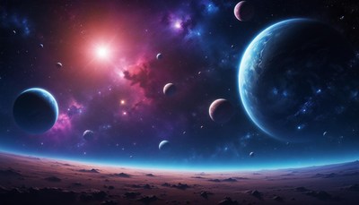 A distant planet is seen in the night sky