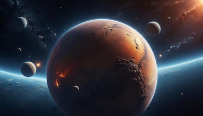 A red planet fills the frame in a starry sky