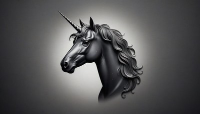 A black unicorn stands against a gray background