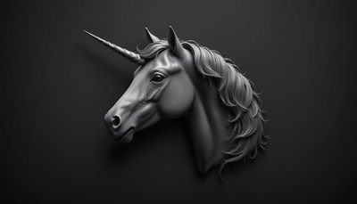 A sculpted unicorn head against a dark background